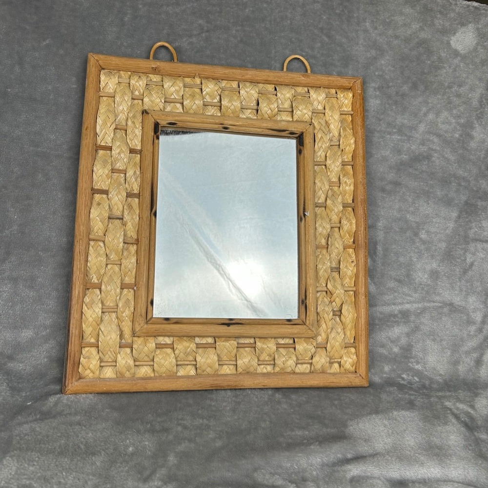 Vintage Boho Woven Wicker Bamboo Wall Mirror Rectangular Natural Coastal Decor